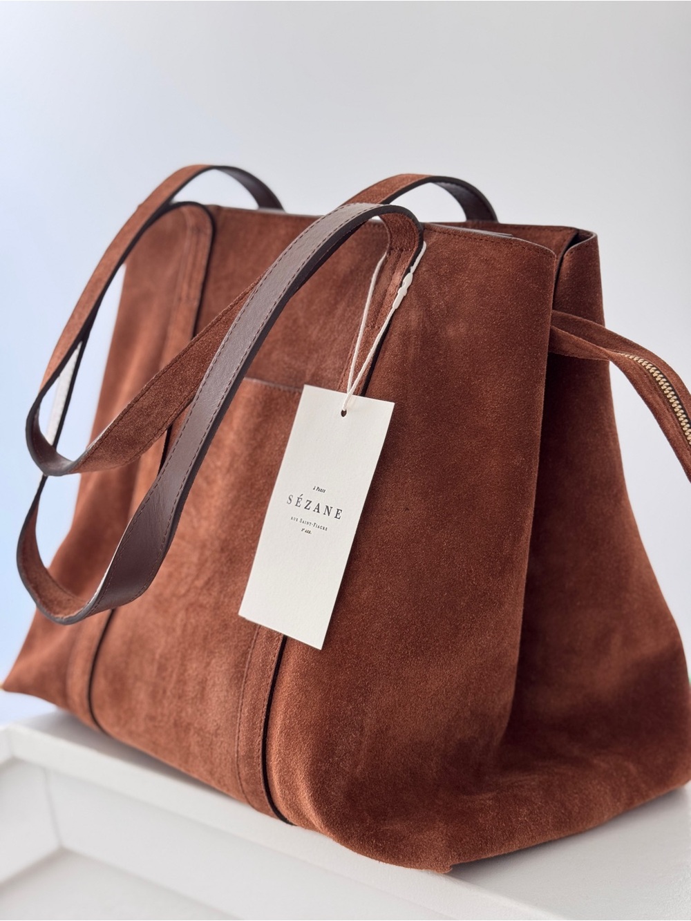 NWT Sézane Brown Suede Leather Tote Bag Large Zip Top Parisian Minimalist